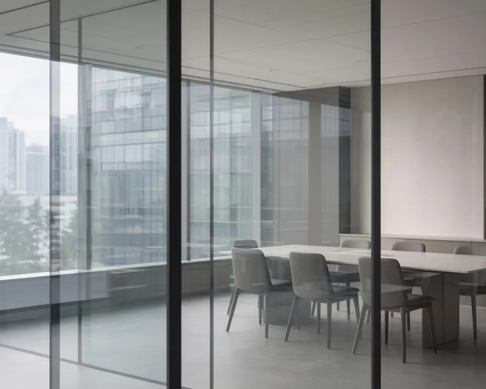 Editorial photograph of glass partitions and soft reflections
