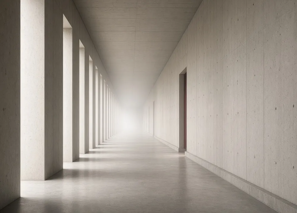 Editorial photograph of a long institutional corridor into mist