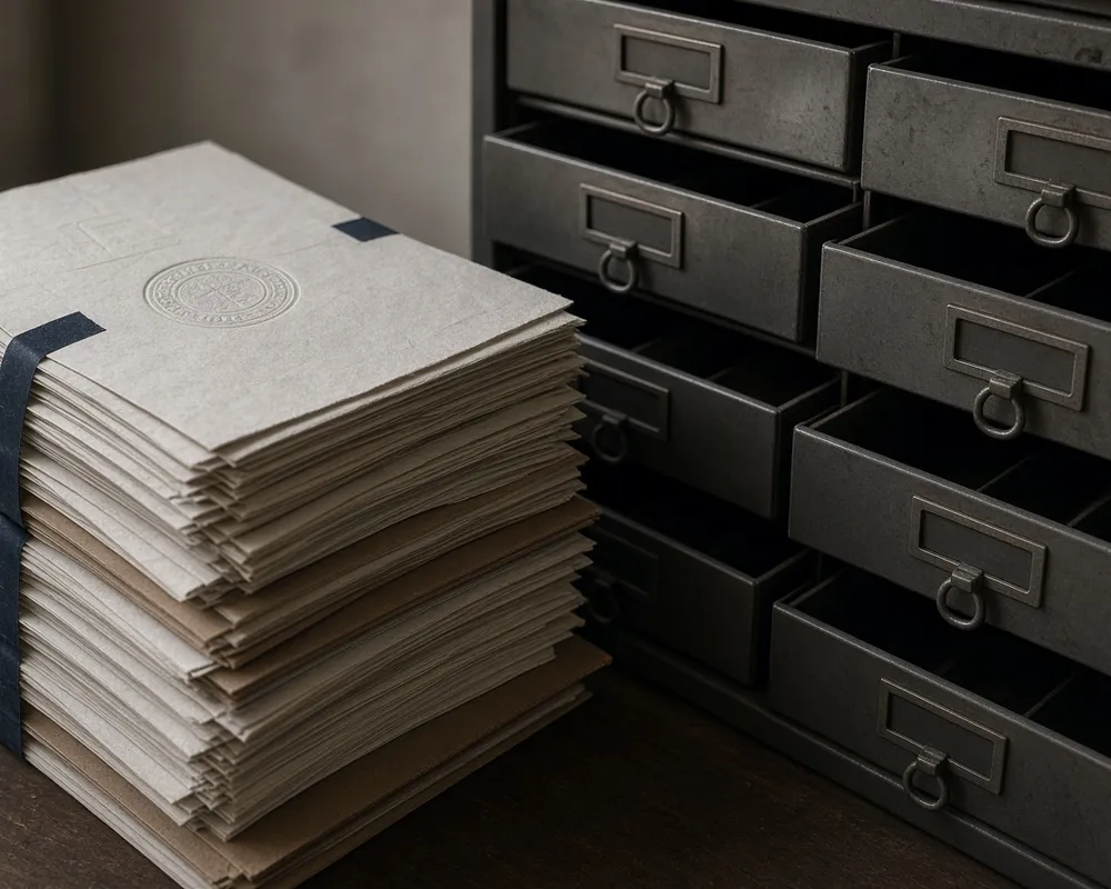 Editorial photograph of archival drawers and paper gates