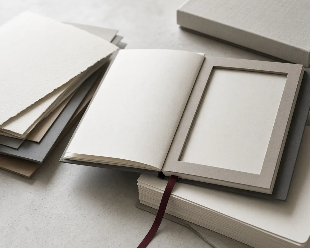 Editorial still life of curated papers and folio