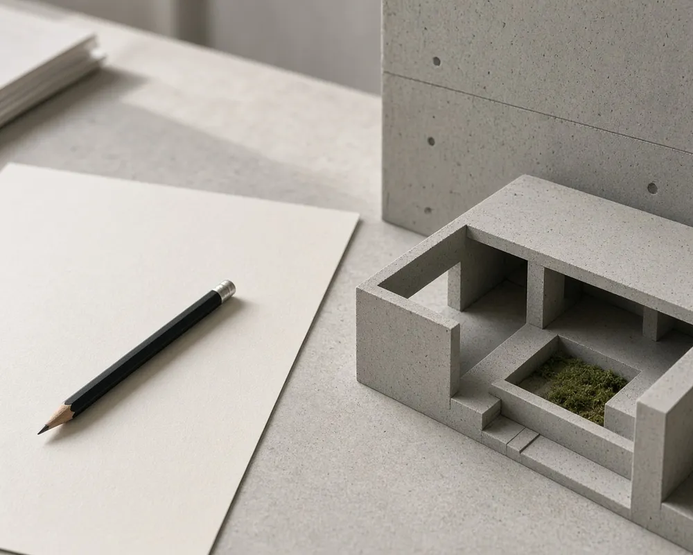 Editorial still life of drafting table beside a built model
